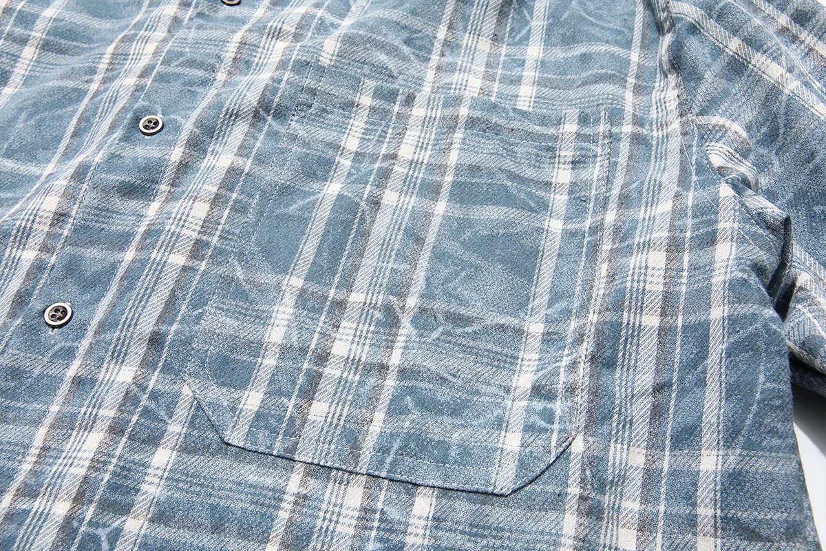 Jiayiku Fashion Brand Chic American Retro Washed Tie-dyed Distressed Plaid Long Sleeve Shirt New Loose Top For Men And Women display picture 9