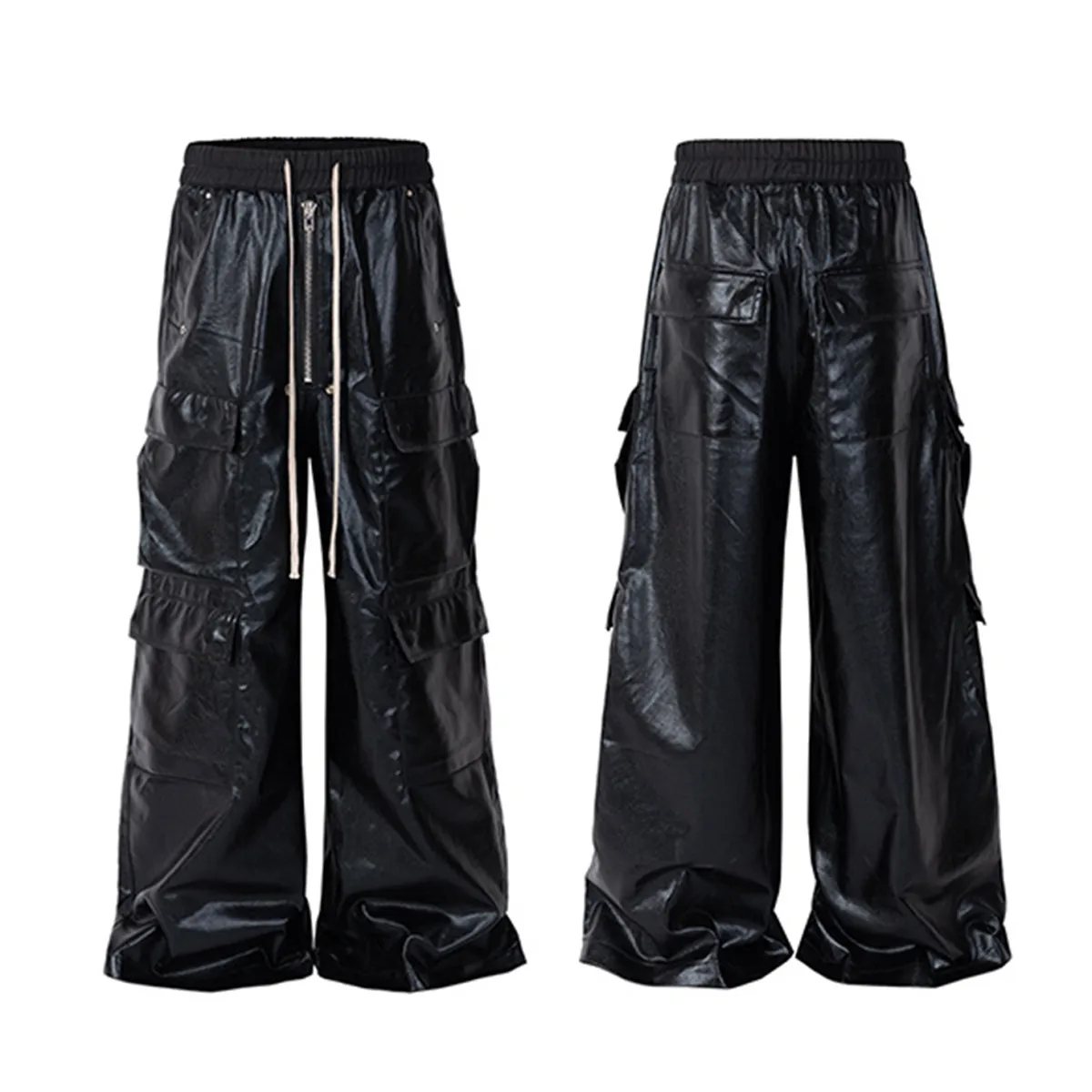 Jiayiku Fashion Brand Chic American Street RO Style Overalls Men's Faux Leather Layer Three-dimensional Pocket Wide Leg Flared Pants display picture 2