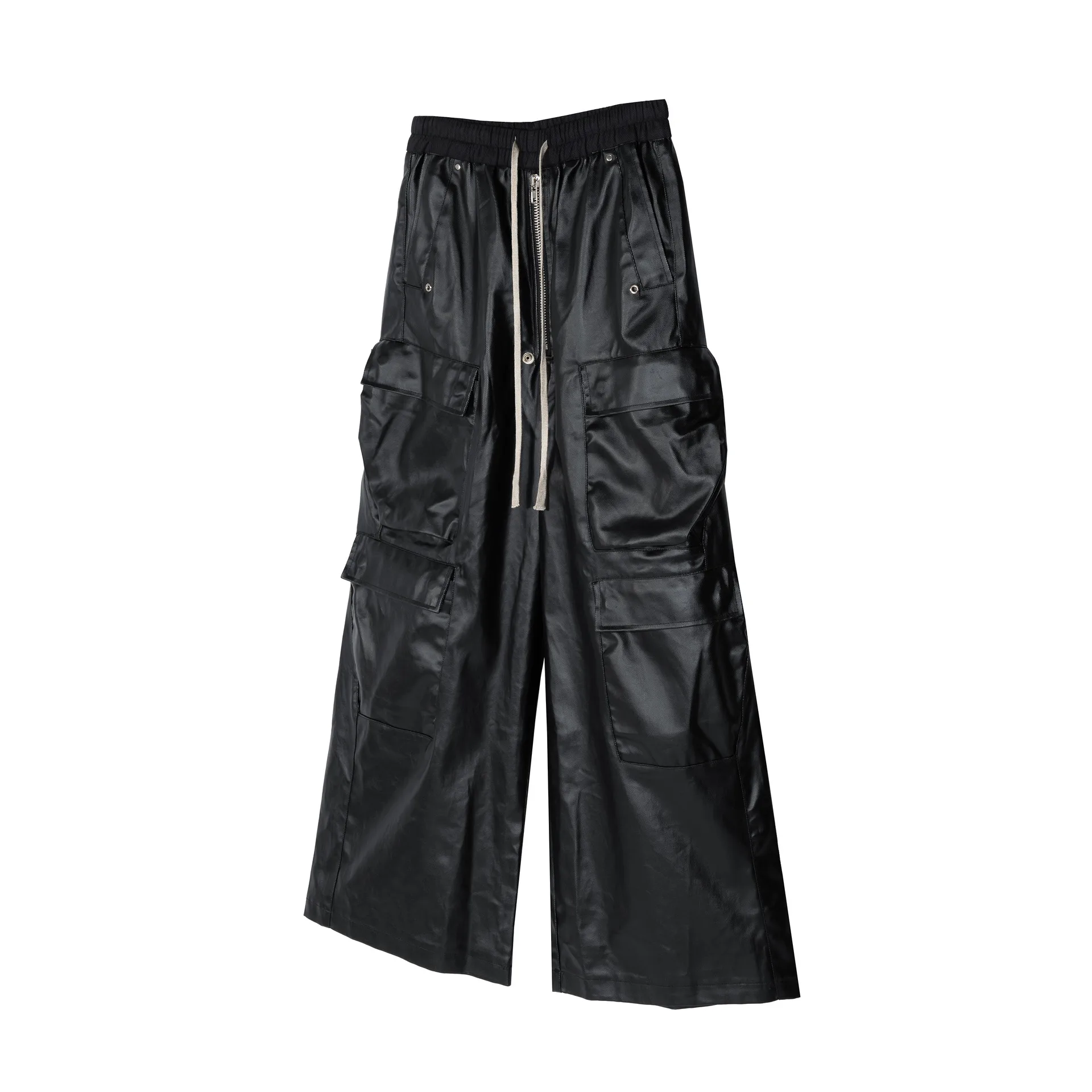 Jiayiku Fashion Brand Chic American Street RO Style Overalls Men's Faux Leather Layer Three-dimensional Pocket Wide Leg Flared Pants display picture 7