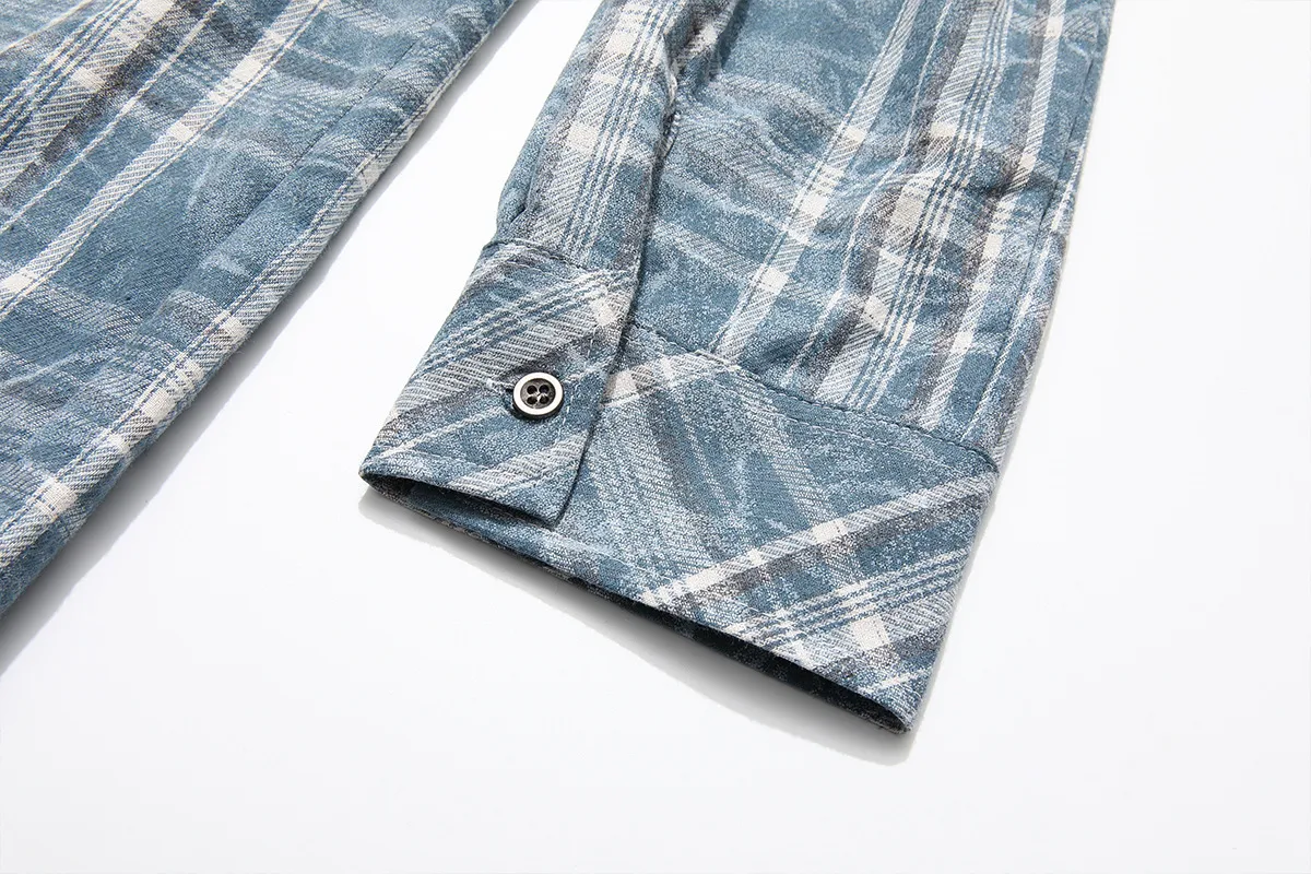 Jiayiku Fashion Brand Chic American Retro Washed Tie-dyed Distressed Plaid Long Sleeve Shirt New Loose Top For Men And Women display picture 11