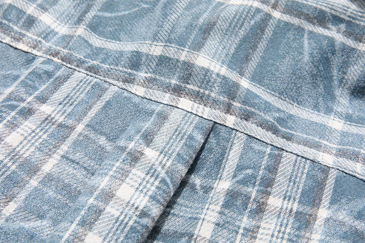 Jiayiku Fashion Brand Chic American Retro Washed Tie-dyed Distressed Plaid Long Sleeve Shirt New Loose Top For Men And Women display picture 12