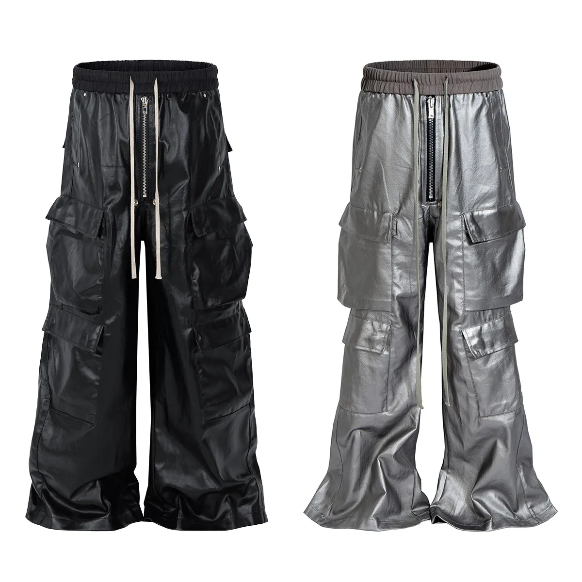 Jiayiku Fashion Brand Chic American Street RO Style Overalls Men's Faux Leather Layer Three-dimensional Pocket Wide Leg Flared Pants display picture 9