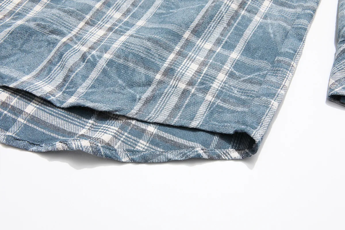 Jiayiku Fashion Brand Chic American Retro Washed Tie-dyed Distressed Plaid Long Sleeve Shirt New Loose Top For Men And Women display picture 13