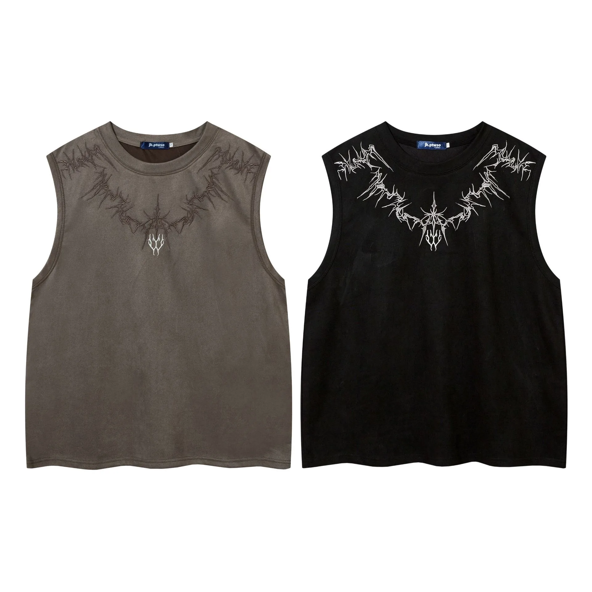 Jiayiku   Street Fashion Brand Vest Suede Heavy Embroidery Summer New Loose Sleeveless T-shirt display picture 2