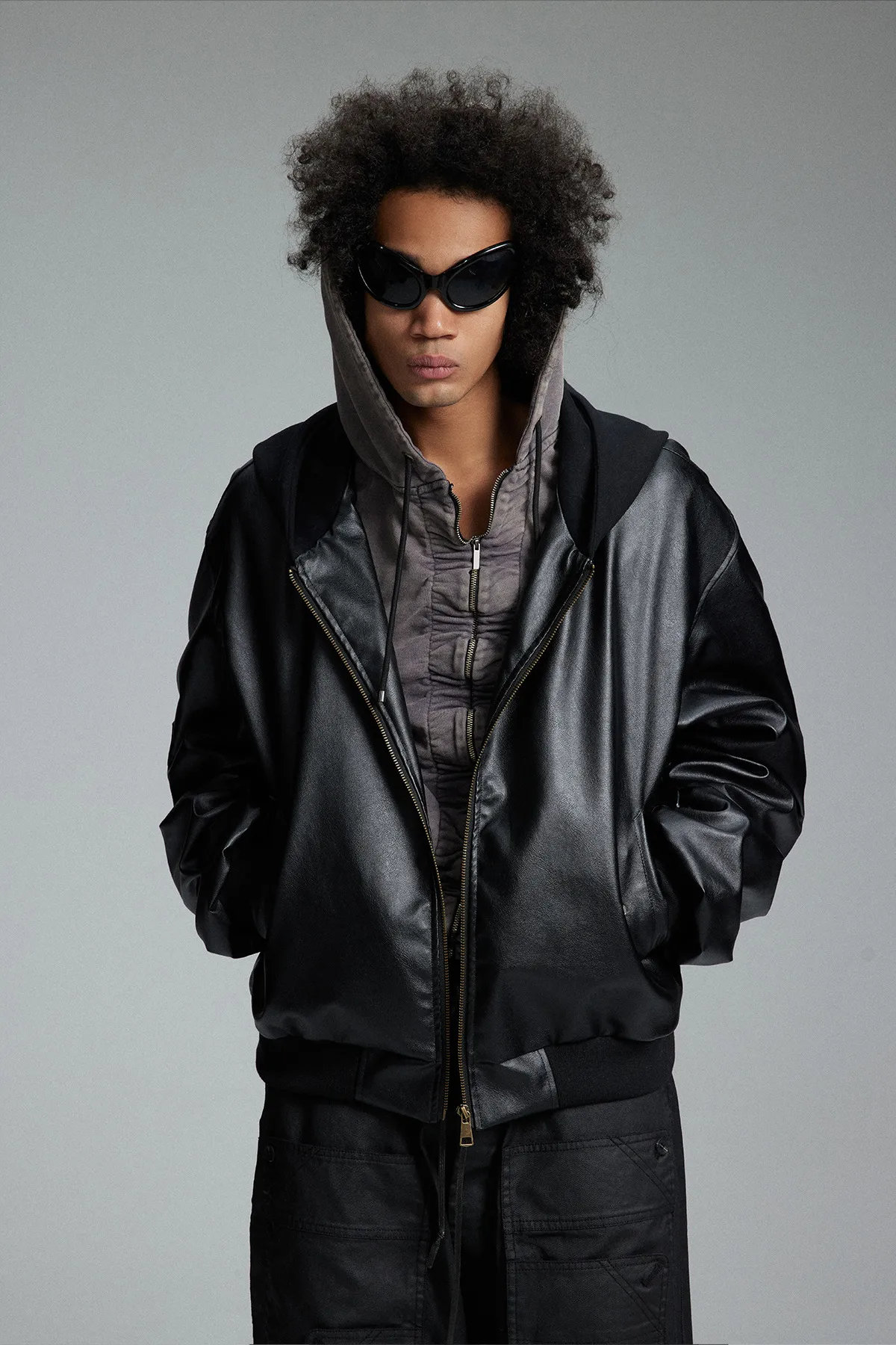 Jiayiku Men's Clothing Vintage  Spring New American Retro Baseball Uniform Motorcycle PU Leather Jacket Hooded Jacket display picture 3