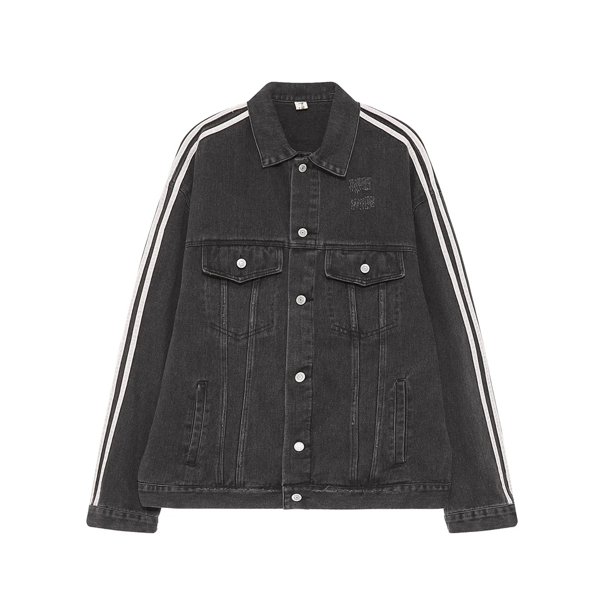 Jiayiku Fashion Brand Chic American Retro Heavy Washed Striped Stitching Lapel Denim Jacket New Workwear Coat display picture 11
