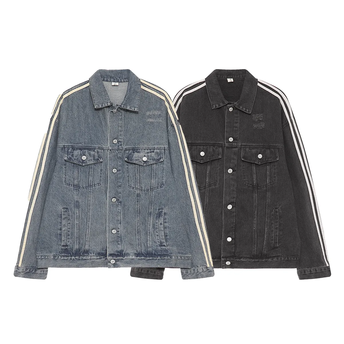 Jiayiku Fashion Brand Chic American Retro Heavy Washed Striped Stitching Lapel Denim Jacket New Workwear Coat display picture 2