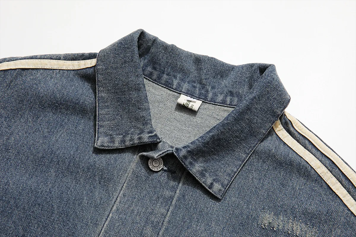 Jiayiku Fashion Brand Chic American Retro Heavy Washed Striped Stitching Lapel Denim Jacket New Workwear Coat display picture 13