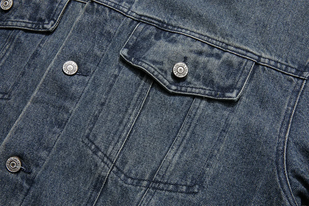 Jiayiku Fashion Brand Chic American Retro Heavy Washed Striped Stitching Lapel Denim Jacket New Workwear Coat display picture 15