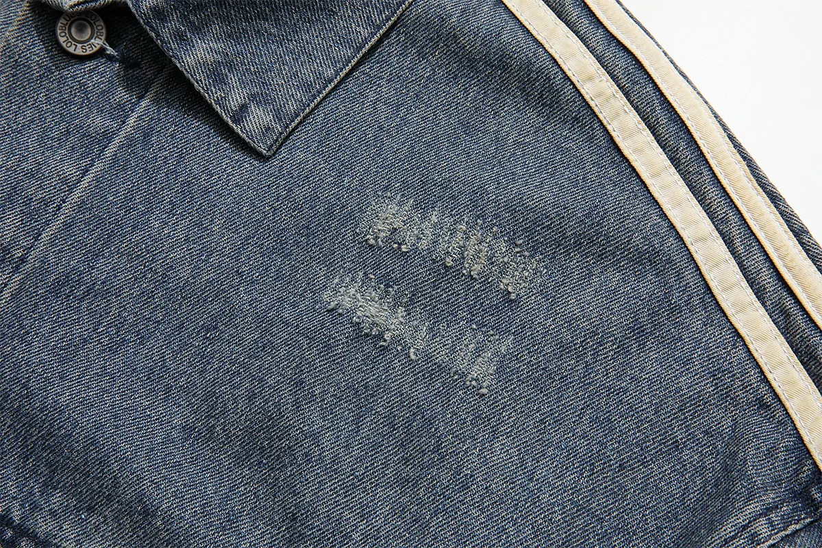 Jiayiku Fashion Brand Chic American Retro Heavy Washed Striped Stitching Lapel Denim Jacket New Workwear Coat display picture 16