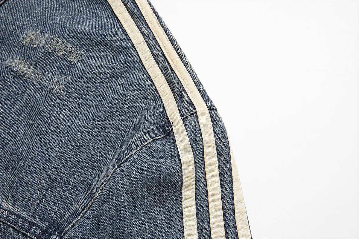 Jiayiku Fashion Brand Chic American Retro Heavy Washed Striped Stitching Lapel Denim Jacket New Workwear Coat display picture 17