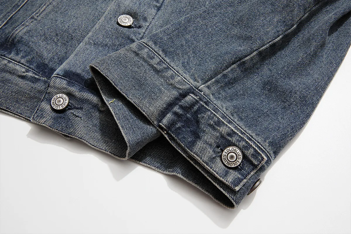 Jiayiku Fashion Brand Chic American Retro Heavy Washed Striped Stitching Lapel Denim Jacket New Workwear Coat display picture 21