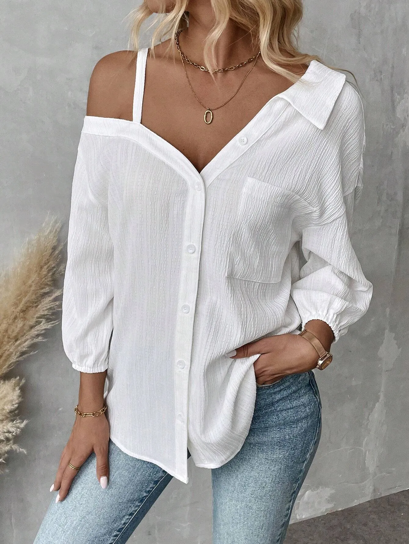 Spring And Summer  Independent Station  Lasel Seven-sleeve Shoulder Cardigan Texture Single-breasted Casual Shirt display picture 3