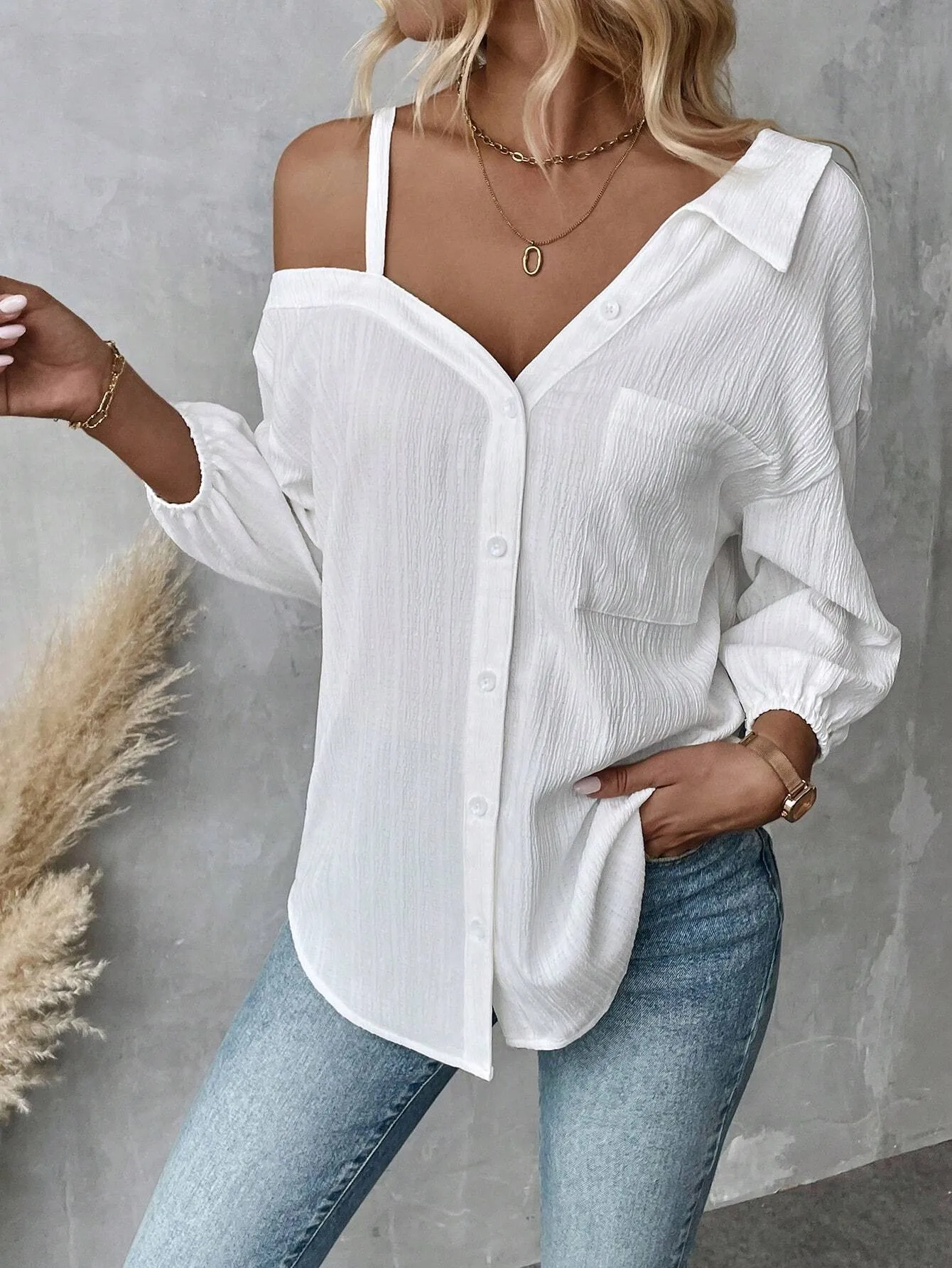 Spring And Summer  Independent Station  Lasel Seven-sleeve Shoulder Cardigan Texture Single-breasted Casual Shirt display picture 5