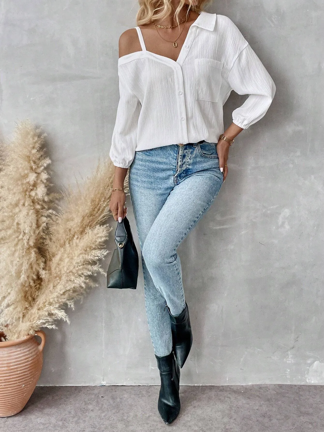 Spring And Summer  Independent Station  Lasel Seven-sleeve Shoulder Cardigan Texture Single-breasted Casual Shirt display picture 6