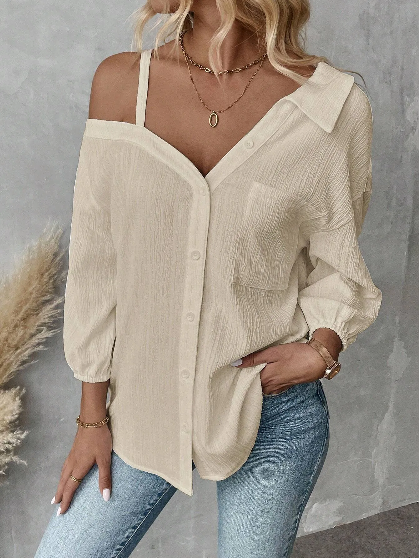 Spring And Summer  Independent Station  Lasel Seven-sleeve Shoulder Cardigan Texture Single-breasted Casual Shirt display picture 8