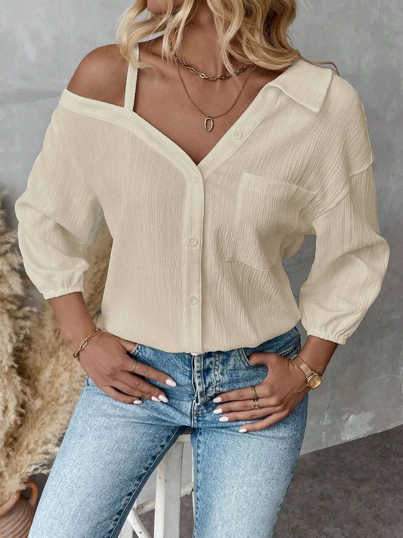 Spring And Summer  Independent Station  Lasel Seven-sleeve Shoulder Cardigan Texture Single-breasted Casual Shirt display picture 9