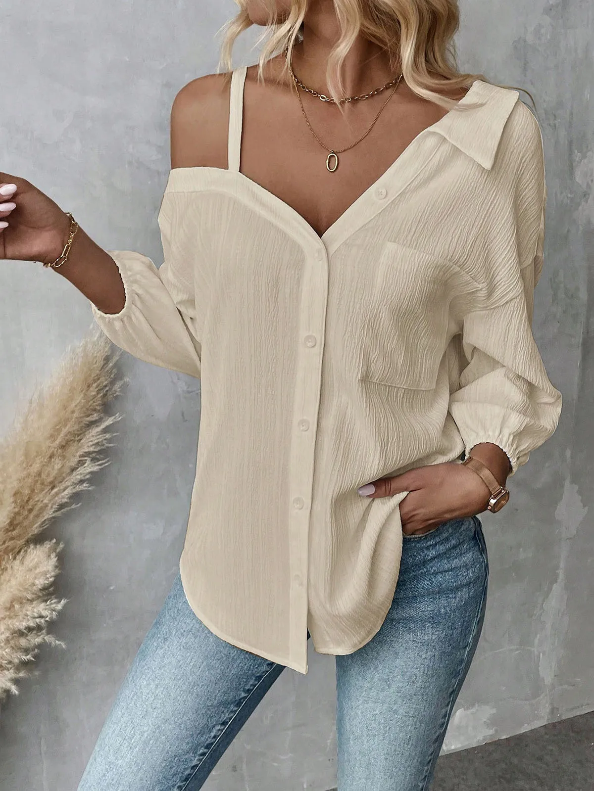 Spring And Summer  Independent Station  Lasel Seven-sleeve Shoulder Cardigan Texture Single-breasted Casual Shirt display picture 10