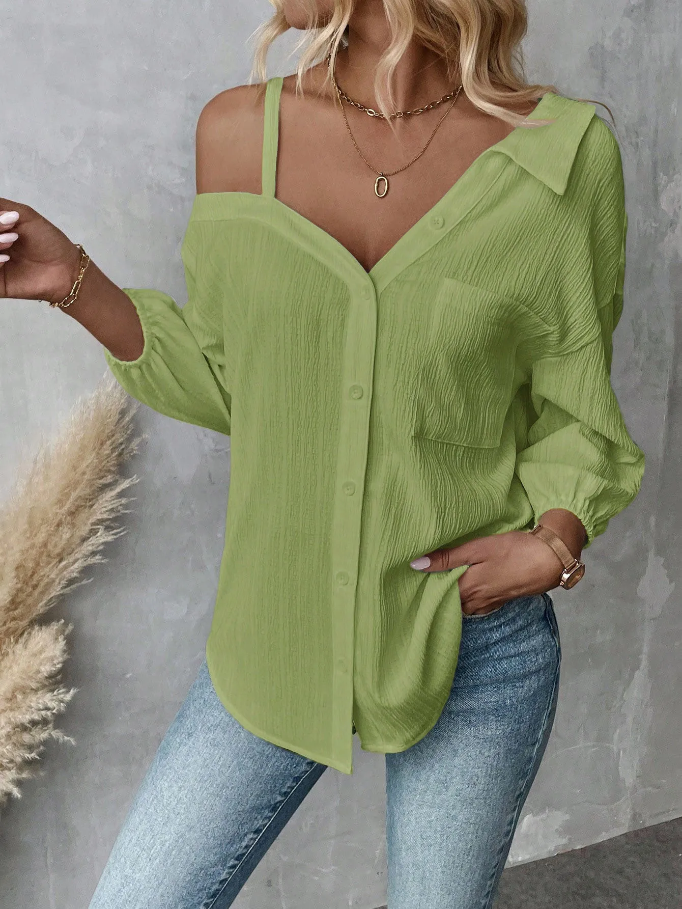 Spring And Summer  Independent Station  Lasel Seven-sleeve Shoulder Cardigan Texture Single-breasted Casual Shirt display picture 12