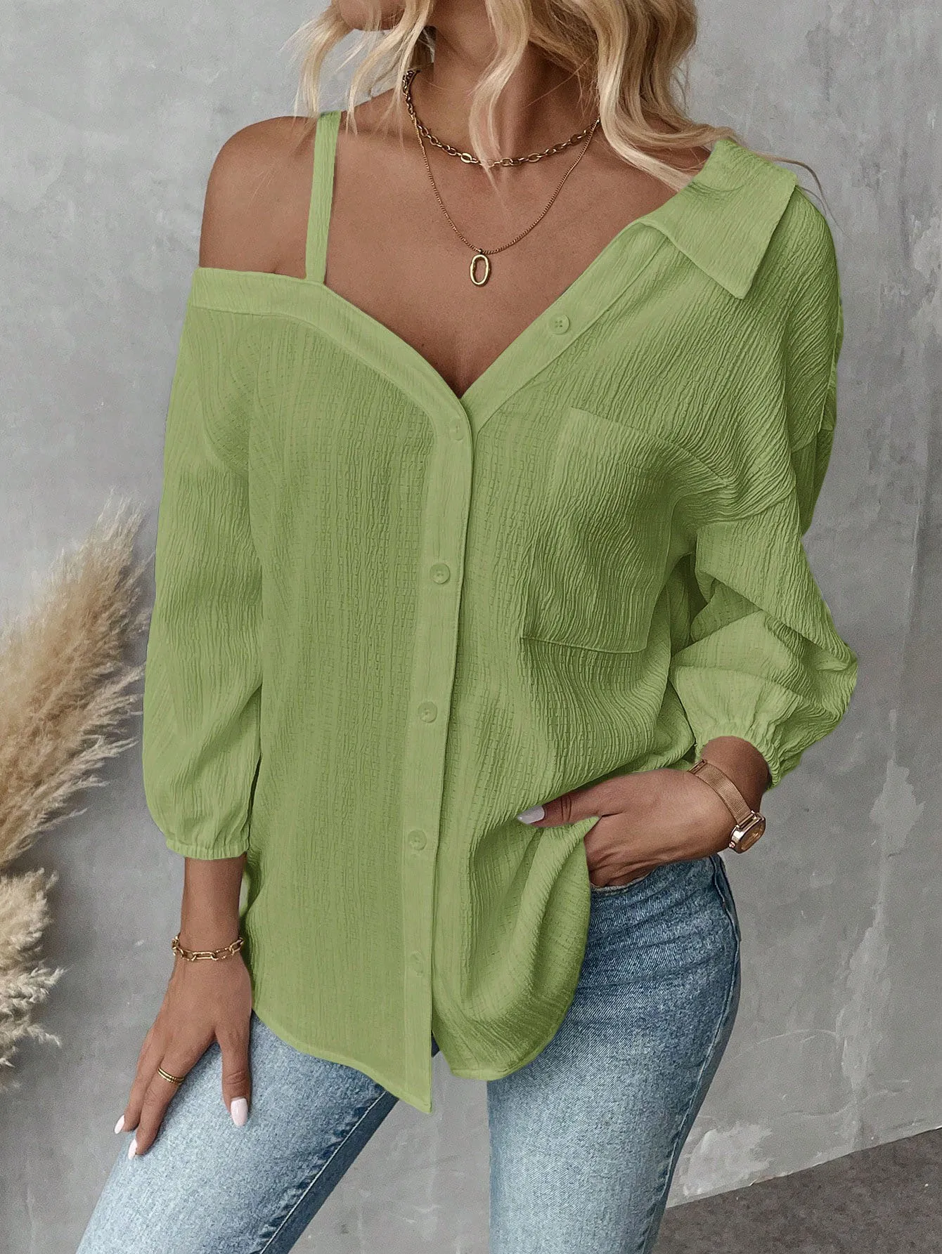 Spring And Summer  Independent Station  Lasel Seven-sleeve Shoulder Cardigan Texture Single-breasted Casual Shirt display picture 13
