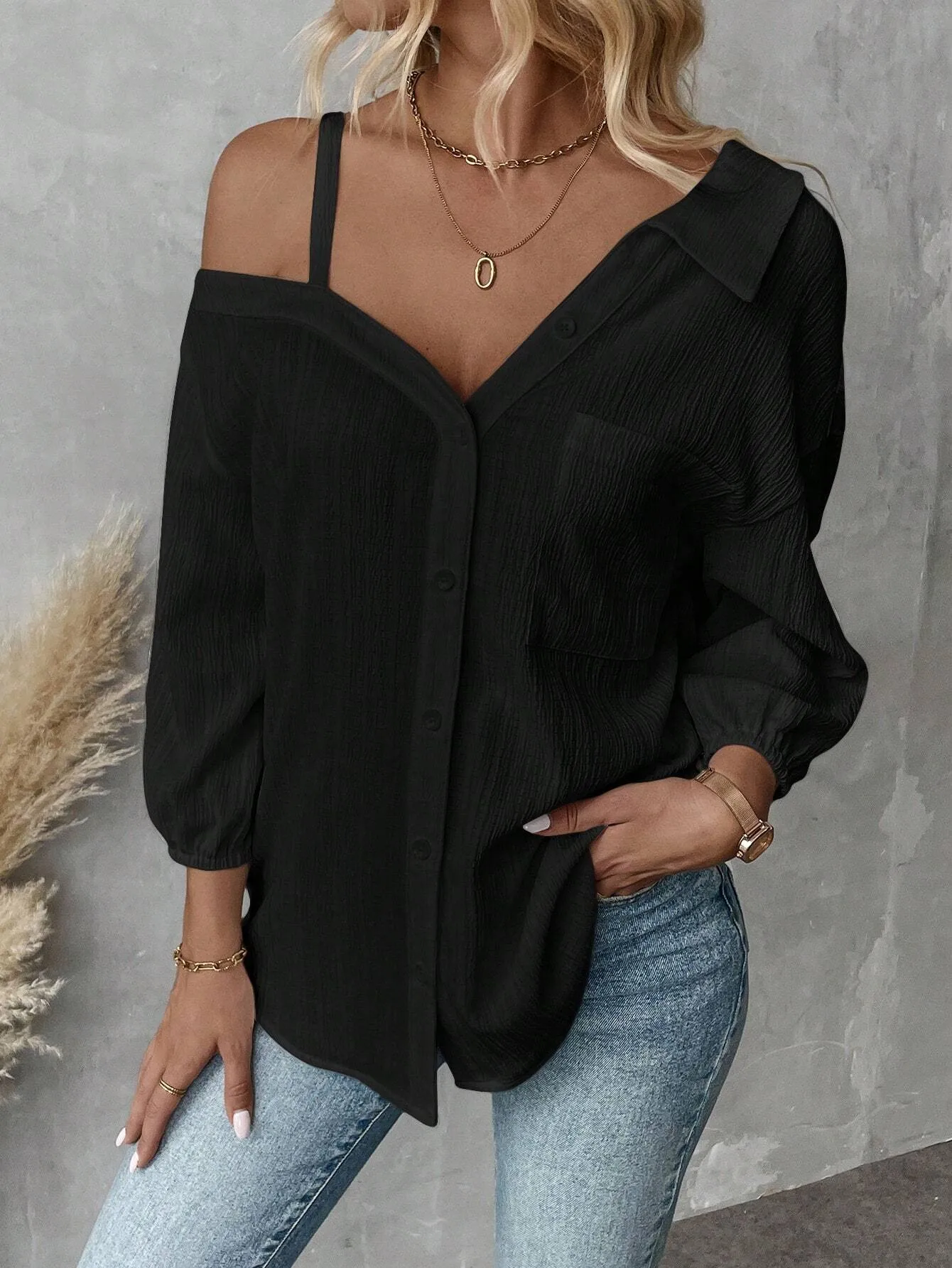 Spring And Summer  Independent Station  Lasel Seven-sleeve Shoulder Cardigan Texture Single-breasted Casual Shirt display picture 16