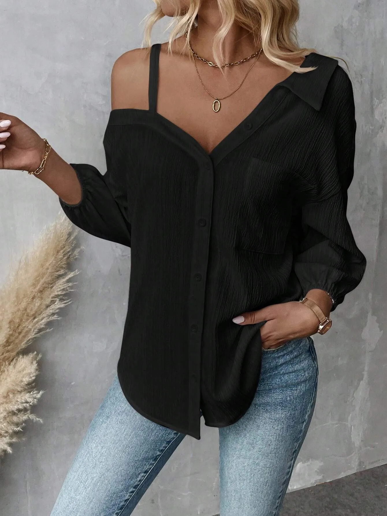 Spring And Summer  Independent Station  Lasel Seven-sleeve Shoulder Cardigan Texture Single-breasted Casual Shirt display picture 17