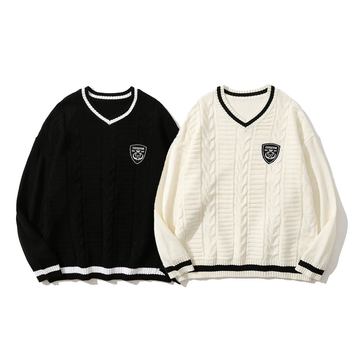 Jiayiku Fashion Brand Vintage Preppy Style V-neck Sweater Badge JK Uniform Twisted Flower Bottoming Long Sleeve Sweater display picture 2
