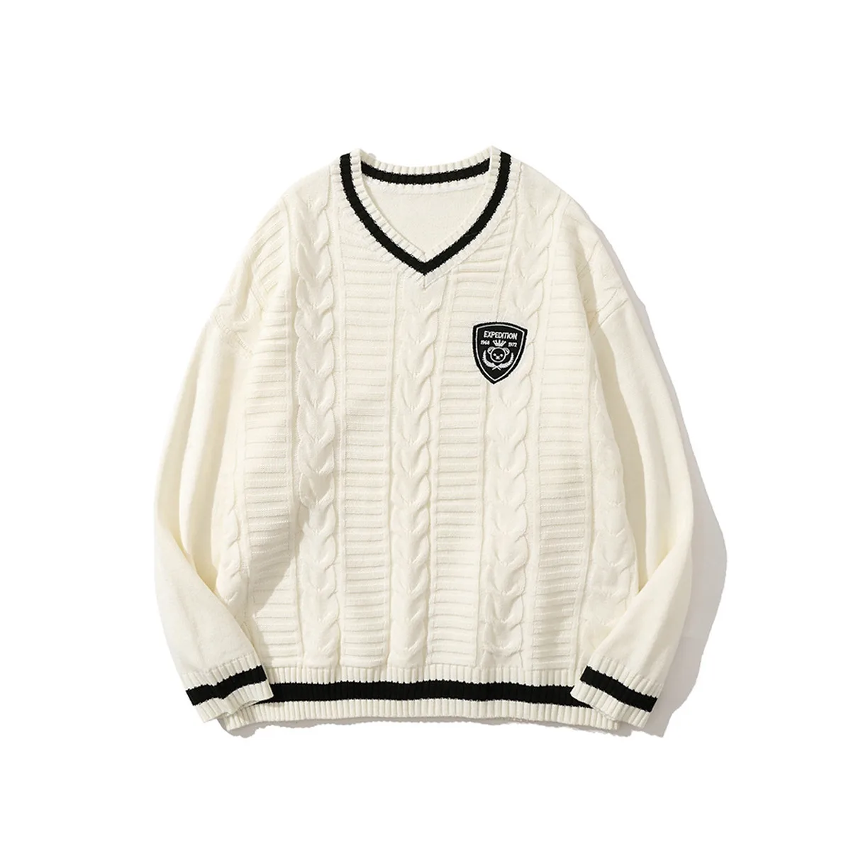 Jiayiku Fashion Brand Vintage Preppy Style V-neck Sweater Badge JK Uniform Twisted Flower Bottoming Long Sleeve Sweater display picture 3