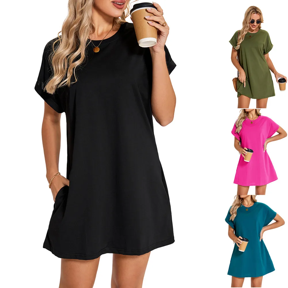 Real Shot  Europe And The United States  In Stock  Spring And Summer New Solid Color Round Neck Pocket Loose Short Sleeve Dress display picture 2