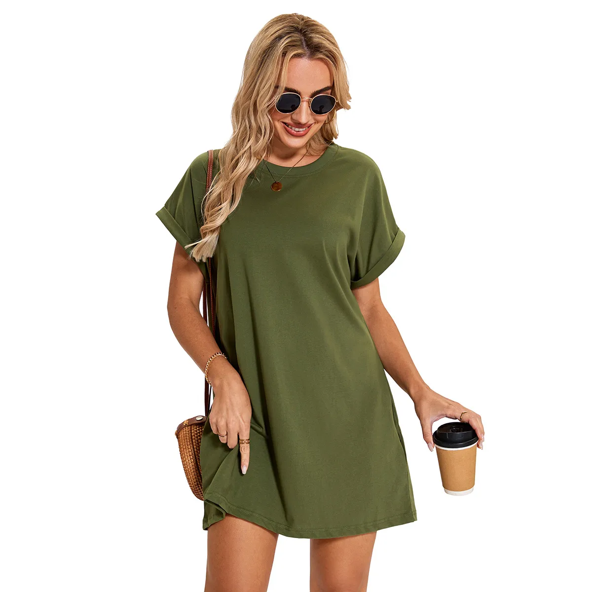 Real Shot  Europe And The United States  In Stock  Spring And Summer New Solid Color Round Neck Pocket Loose Short Sleeve Dress display picture 5