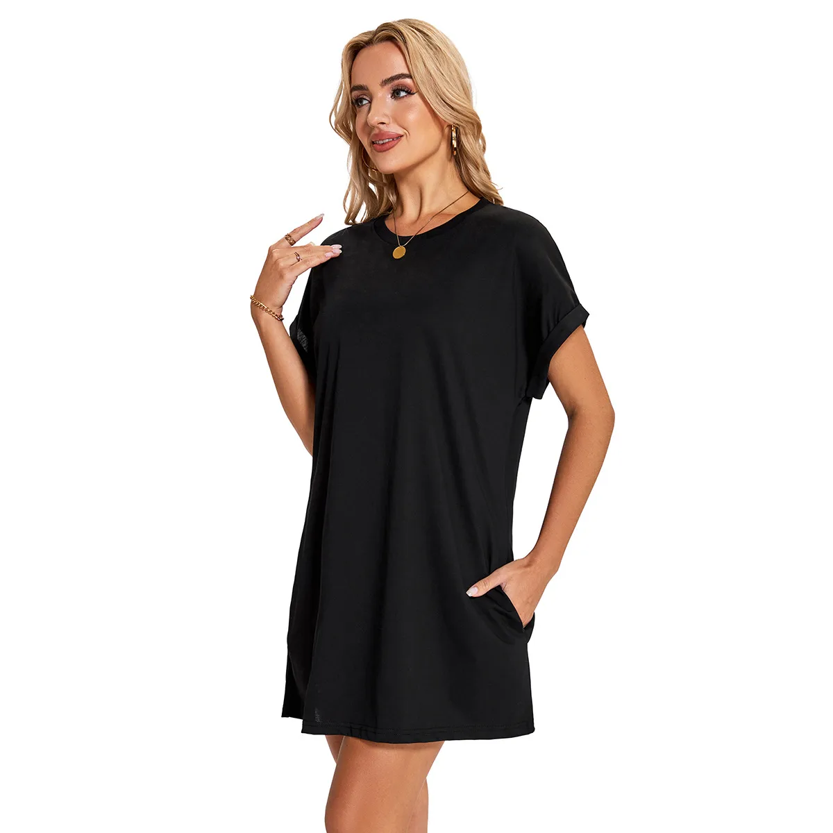 Real Shot  Europe And The United States  In Stock  Spring And Summer New Solid Color Round Neck Pocket Loose Short Sleeve Dress display picture 7