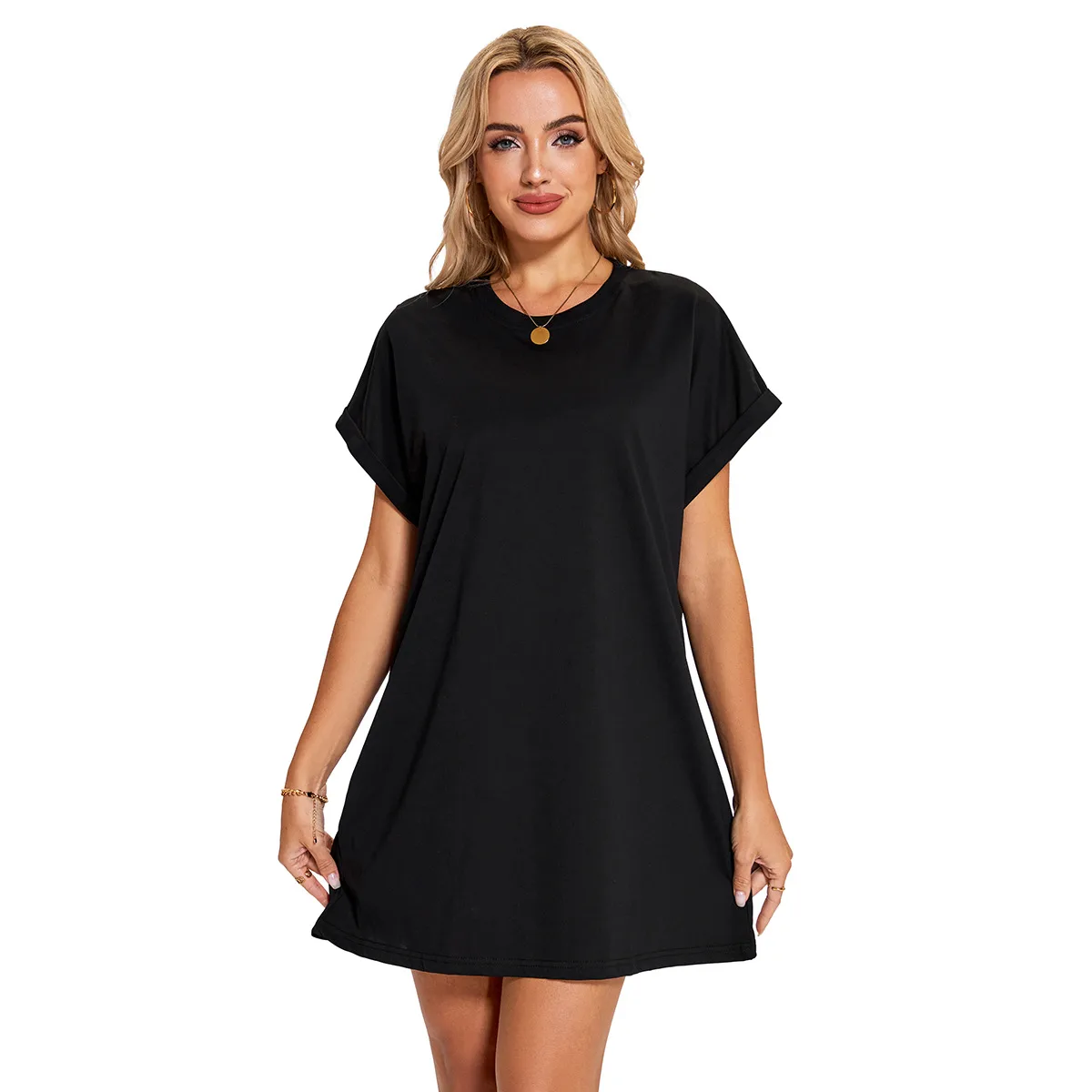 Real Shot  Europe And The United States  In Stock  Spring And Summer New Solid Color Round Neck Pocket Loose Short Sleeve Dress display picture 8