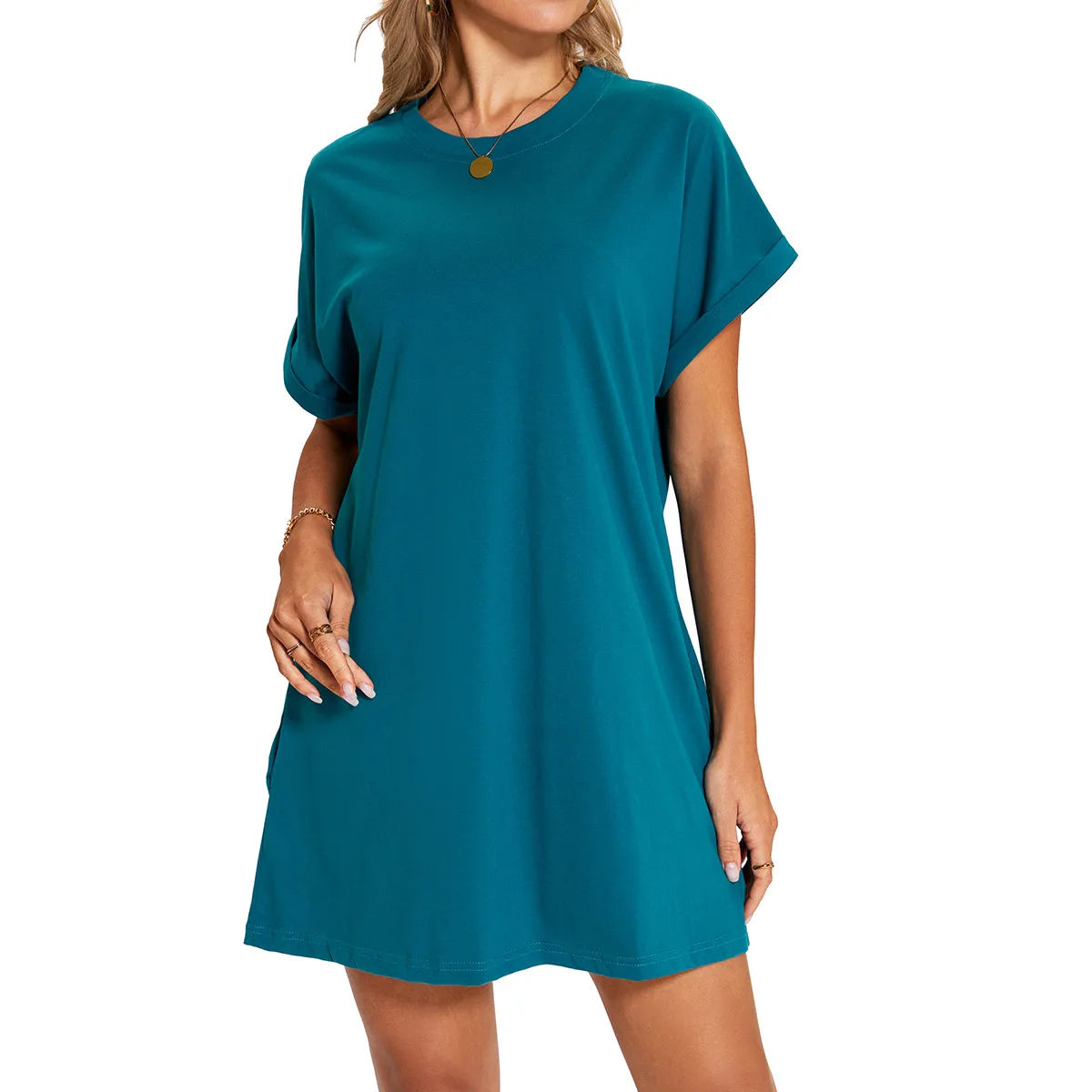 Real Shot  Europe And The United States  In Stock  Spring And Summer New Solid Color Round Neck Pocket Loose Short Sleeve Dress display picture 12