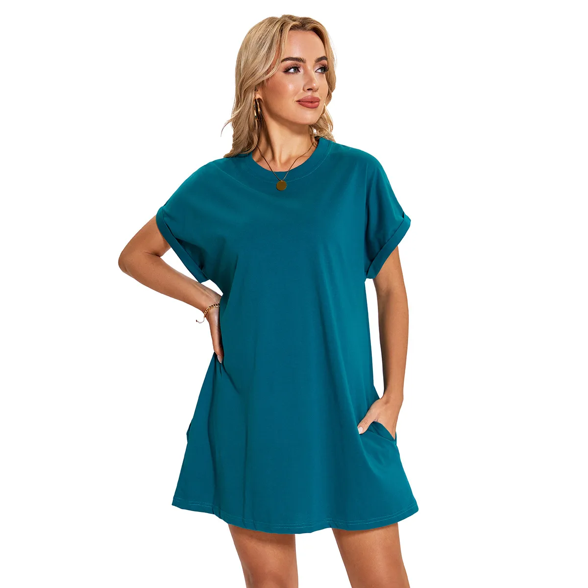 Real Shot  Europe And The United States  In Stock  Spring And Summer New Solid Color Round Neck Pocket Loose Short Sleeve Dress display picture 13