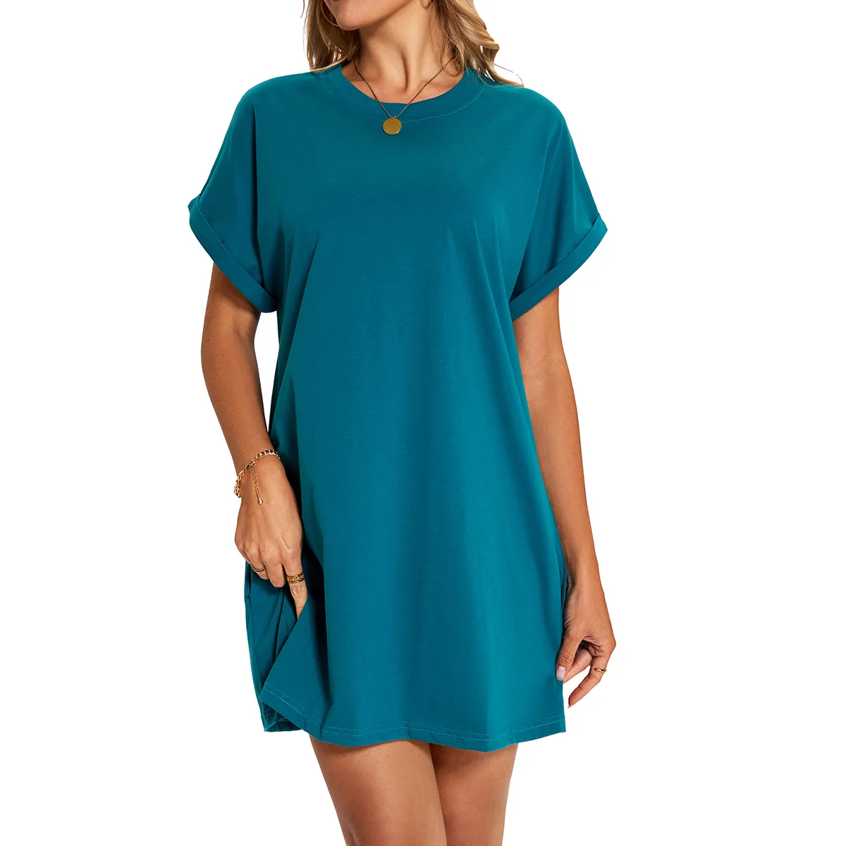 Real Shot  Europe And The United States  In Stock  Spring And Summer New Solid Color Round Neck Pocket Loose Short Sleeve Dress display picture 14