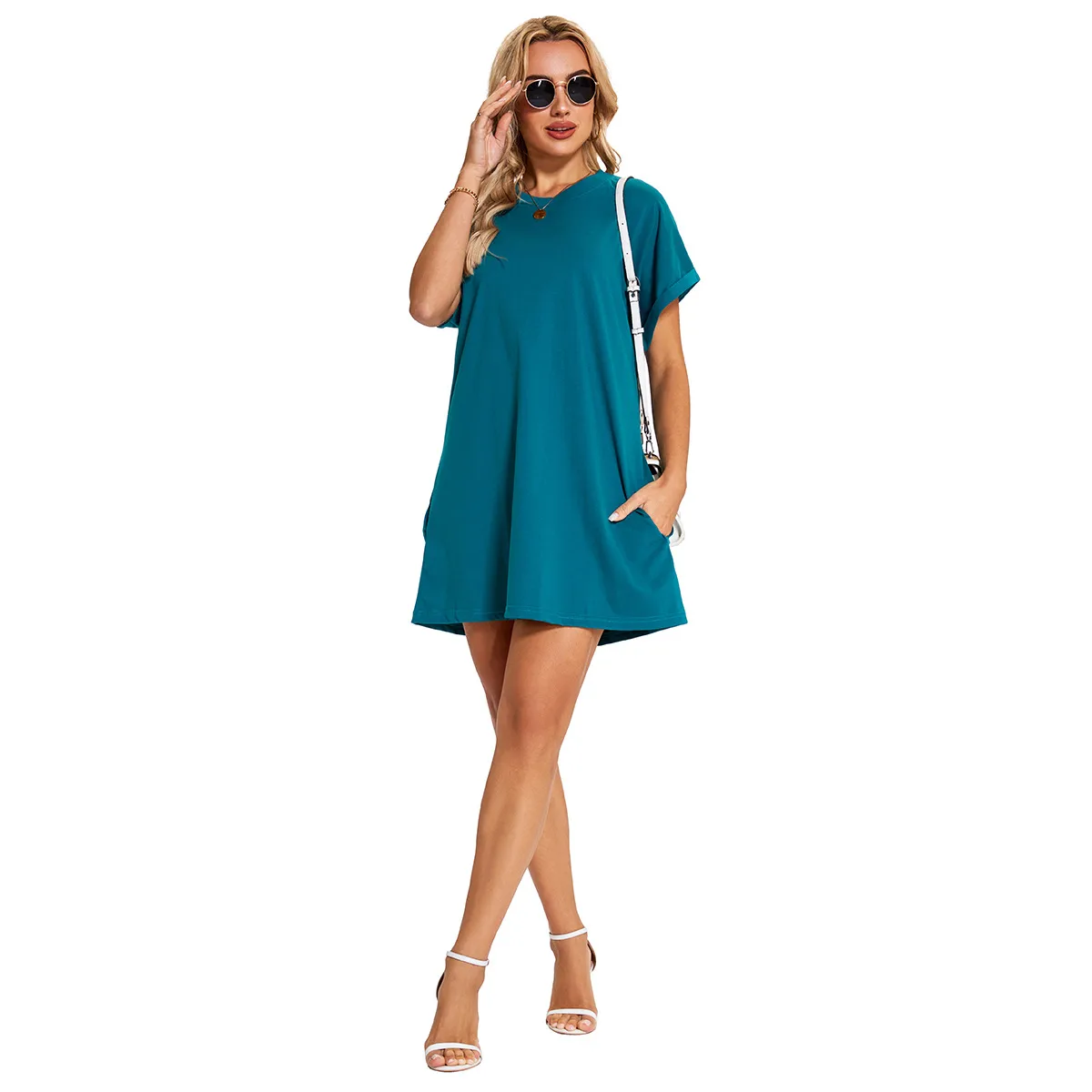 Real Shot  Europe And The United States  In Stock  Spring And Summer New Solid Color Round Neck Pocket Loose Short Sleeve Dress display picture 15