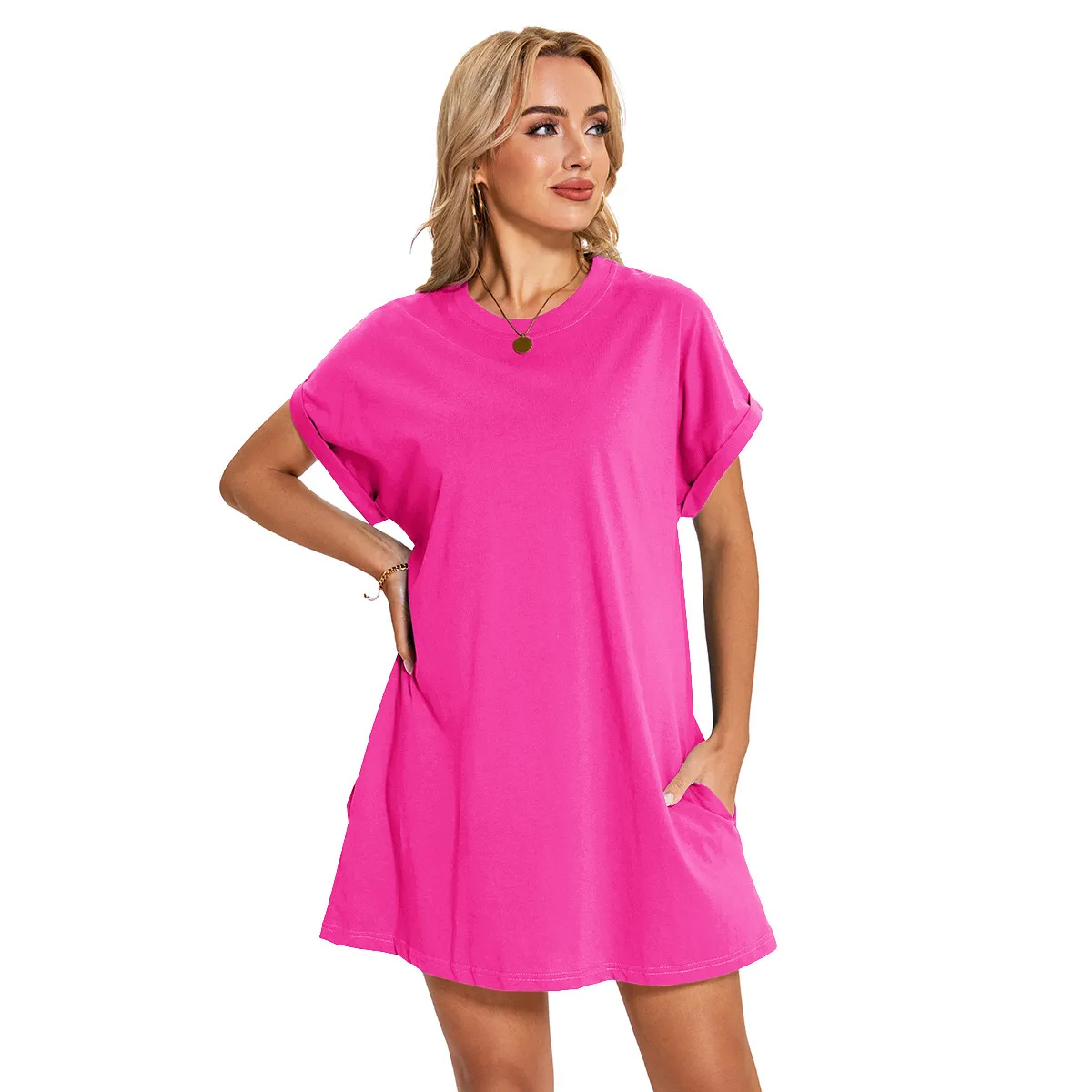 Real Shot  Europe And The United States  In Stock  Spring And Summer New Solid Color Round Neck Pocket Loose Short Sleeve Dress display picture 17