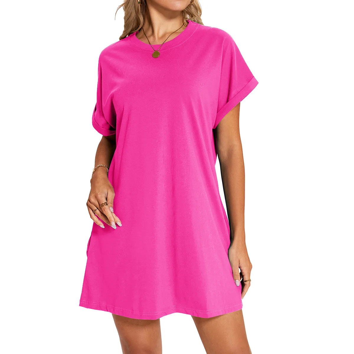 Real Shot  Europe And The United States  In Stock  Spring And Summer New Solid Color Round Neck Pocket Loose Short Sleeve Dress display picture 18