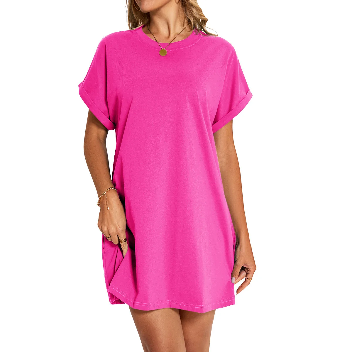 Real Shot  Europe And The United States  In Stock  Spring And Summer New Solid Color Round Neck Pocket Loose Short Sleeve Dress display picture 19