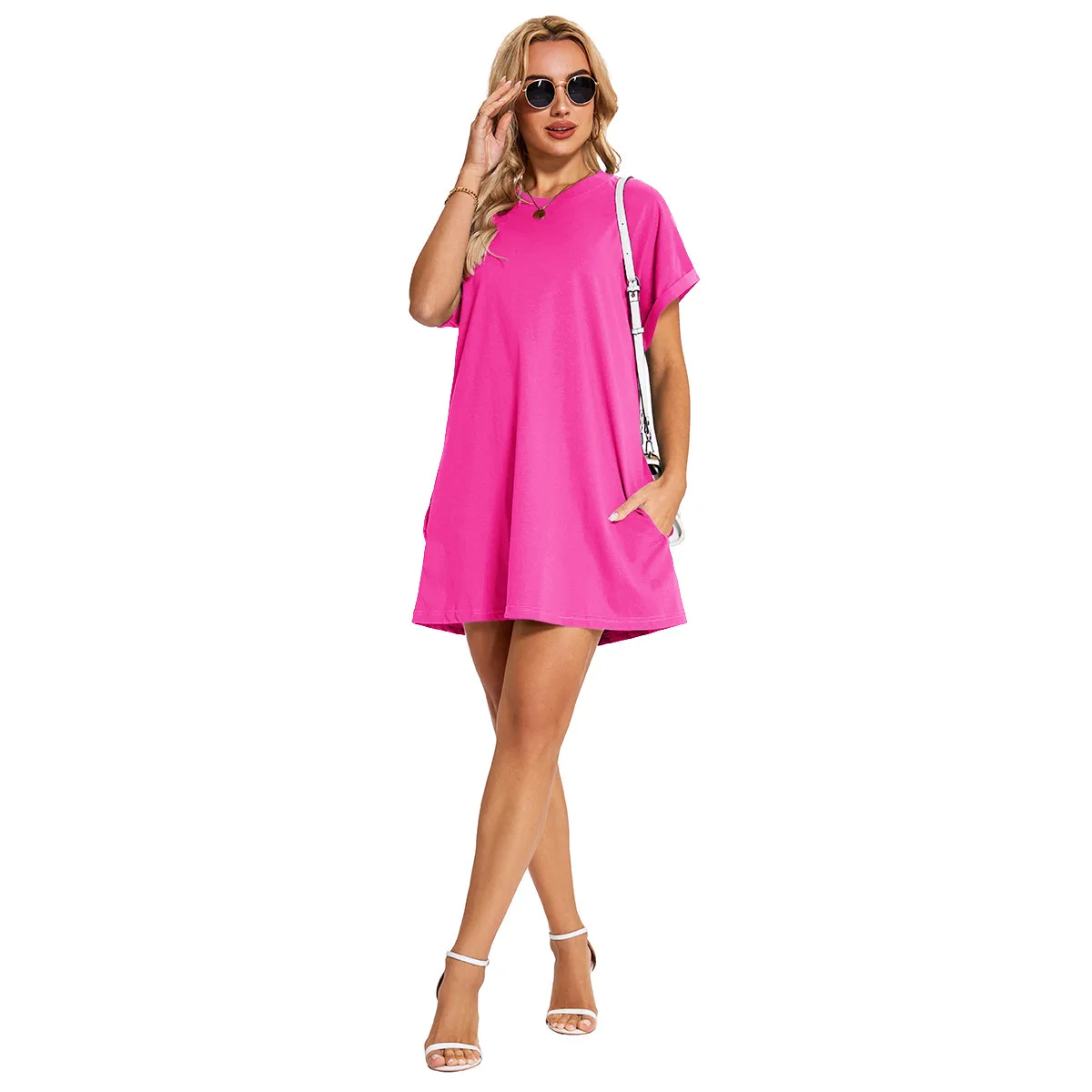 Real Shot  Europe And The United States  In Stock  Spring And Summer New Solid Color Round Neck Pocket Loose Short Sleeve Dress display picture 20