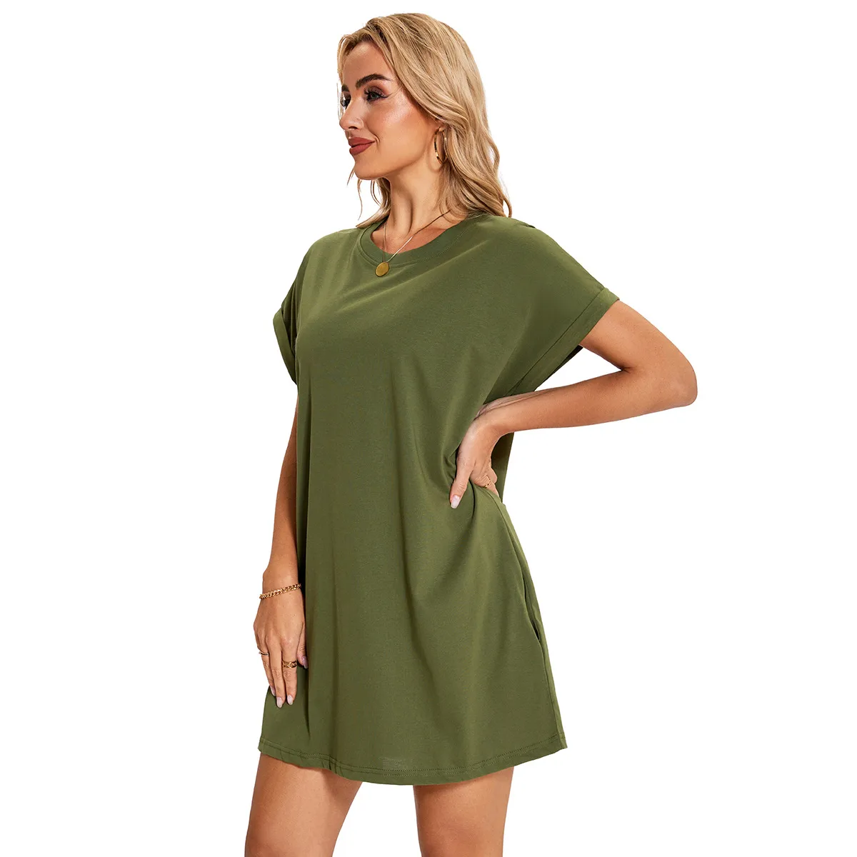 Real Shot  Europe And The United States  In Stock  Spring And Summer New Solid Color Round Neck Pocket Loose Short Sleeve Dress display picture 22