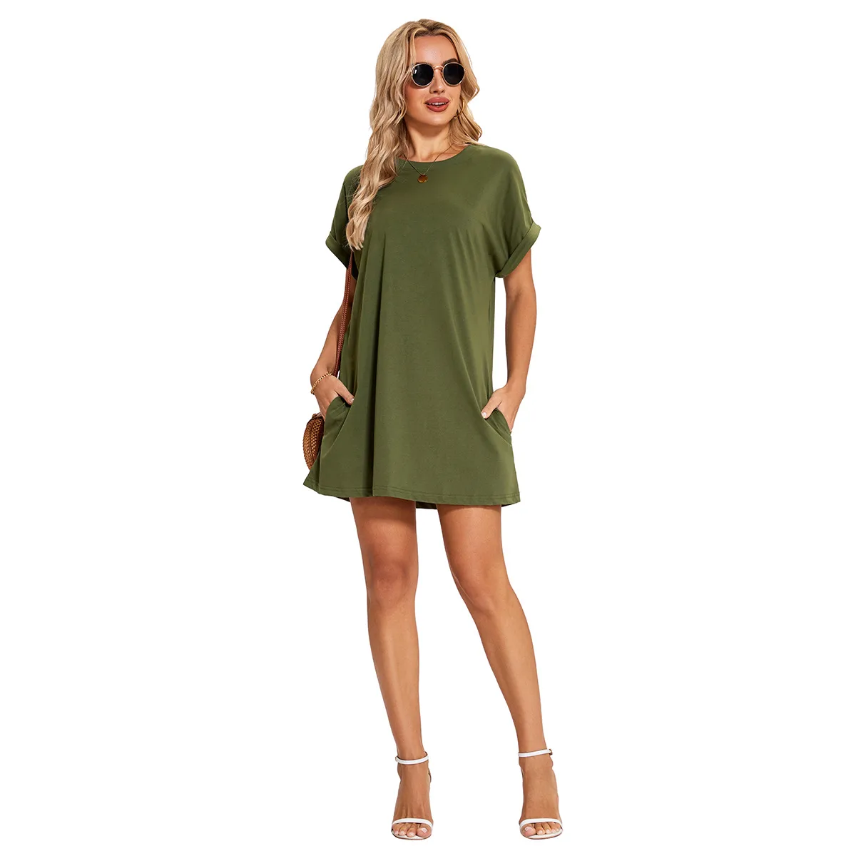 Real Shot  Europe And The United States  In Stock  Spring And Summer New Solid Color Round Neck Pocket Loose Short Sleeve Dress display picture 24