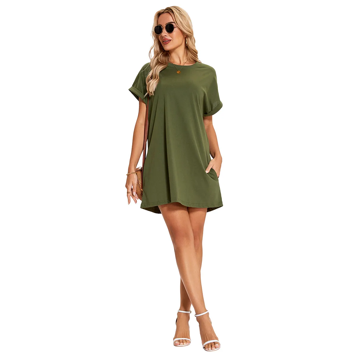 Real Shot  Europe And The United States  In Stock  Spring And Summer New Solid Color Round Neck Pocket Loose Short Sleeve Dress display picture 25
