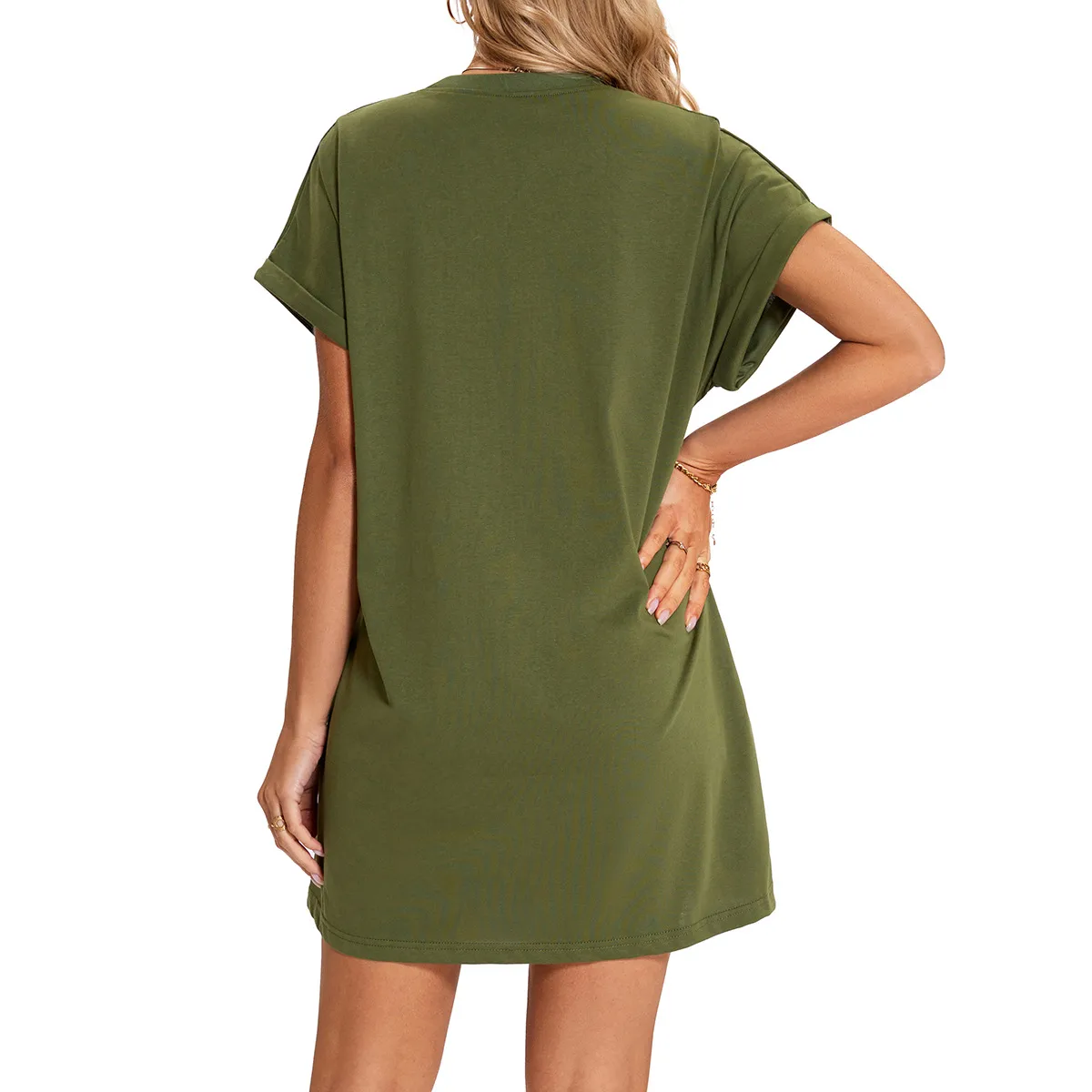 Real Shot  Europe And The United States  In Stock  Spring And Summer New Solid Color Round Neck Pocket Loose Short Sleeve Dress display picture 26