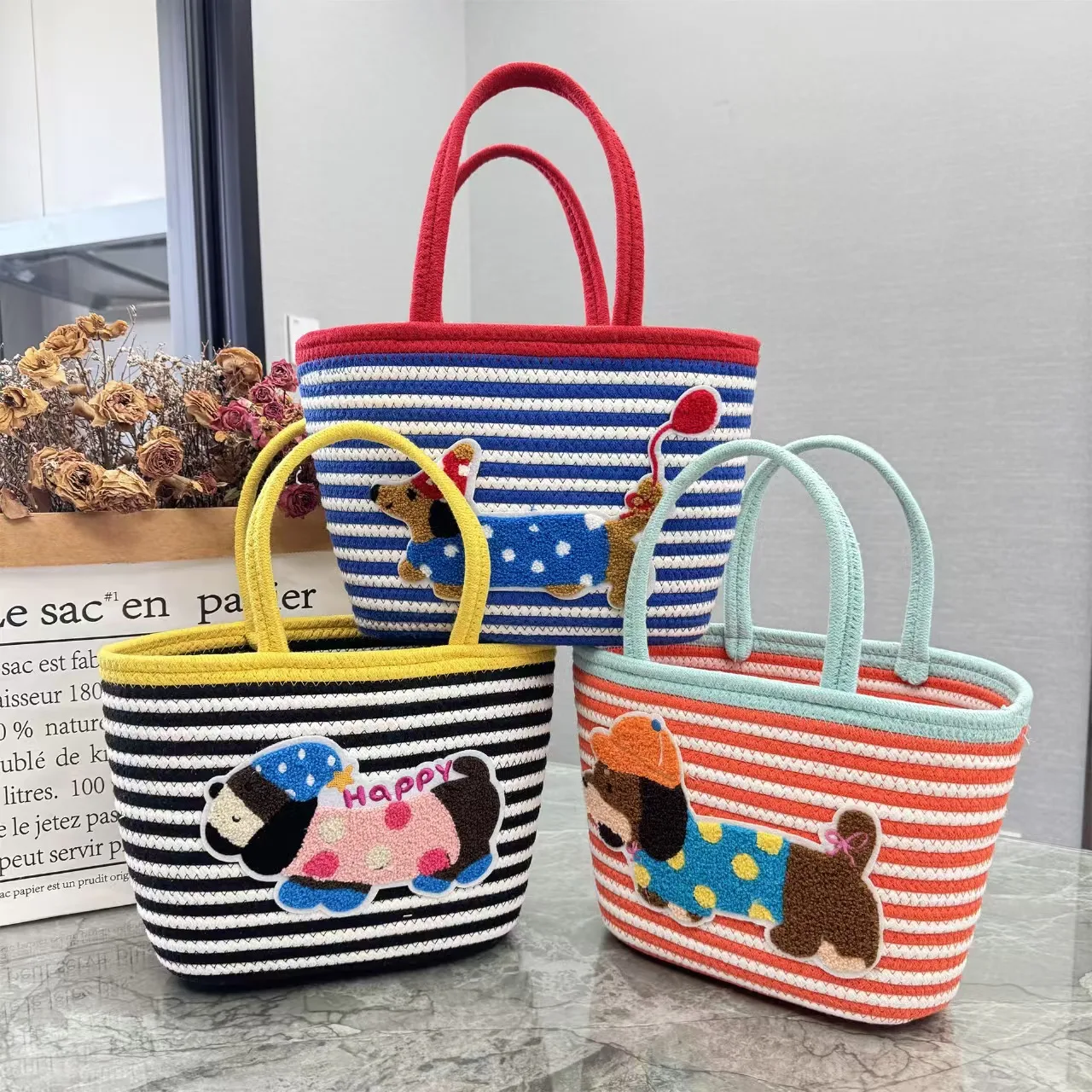 Large Capacity Cute Puppy Ladies Handbag Hand Woven Large Capacity Vegetable Basket Dachshund Dog Bag Wholesale display picture 10
