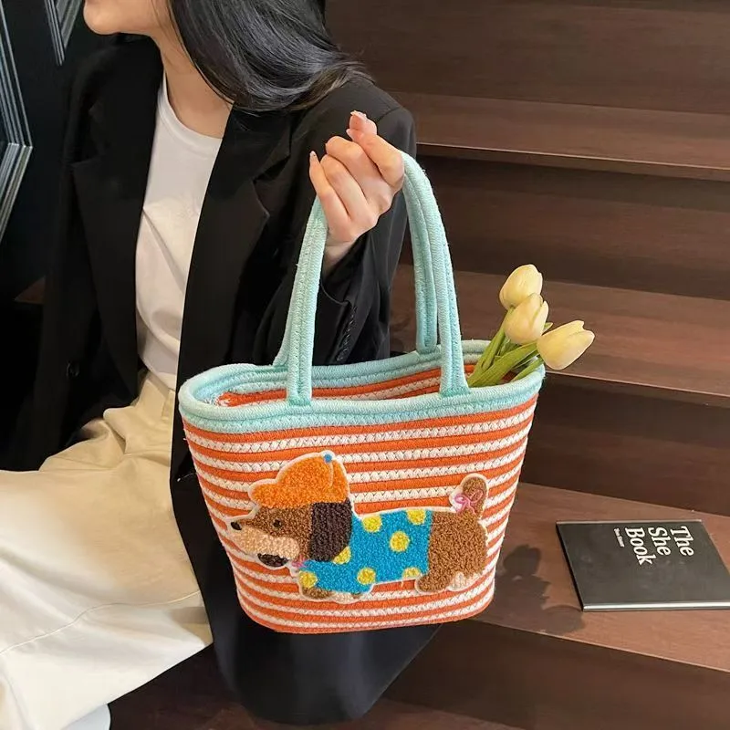 Large Capacity Cute Puppy Ladies Handbag Hand Woven Large Capacity Vegetable Basket Dachshund Dog Bag Wholesale display picture 7