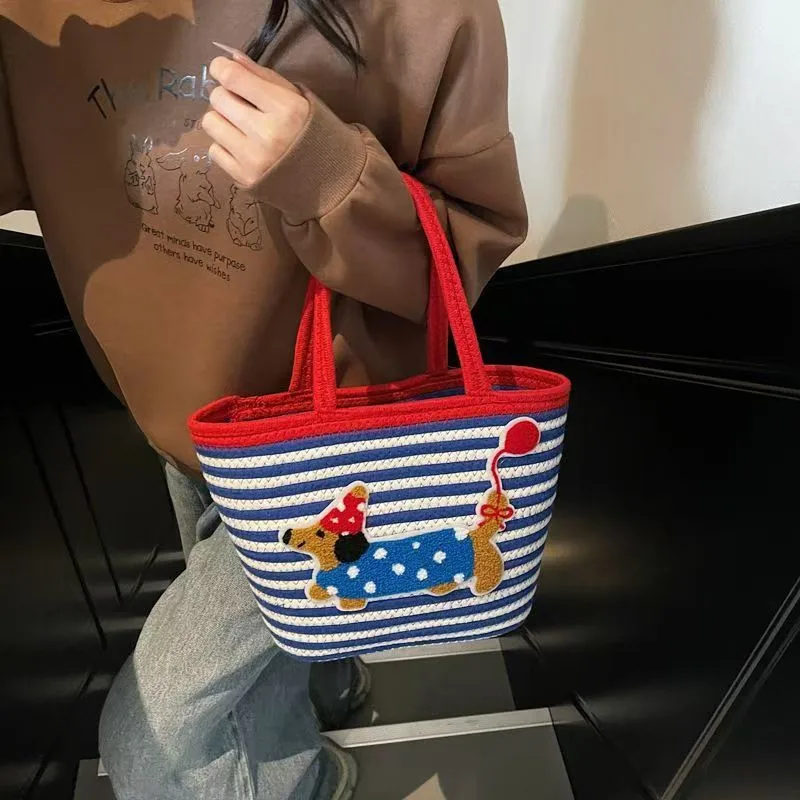 Large Capacity Cute Puppy Ladies Handbag Hand Woven Large Capacity Vegetable Basket Dachshund Dog Bag Wholesale display picture 3