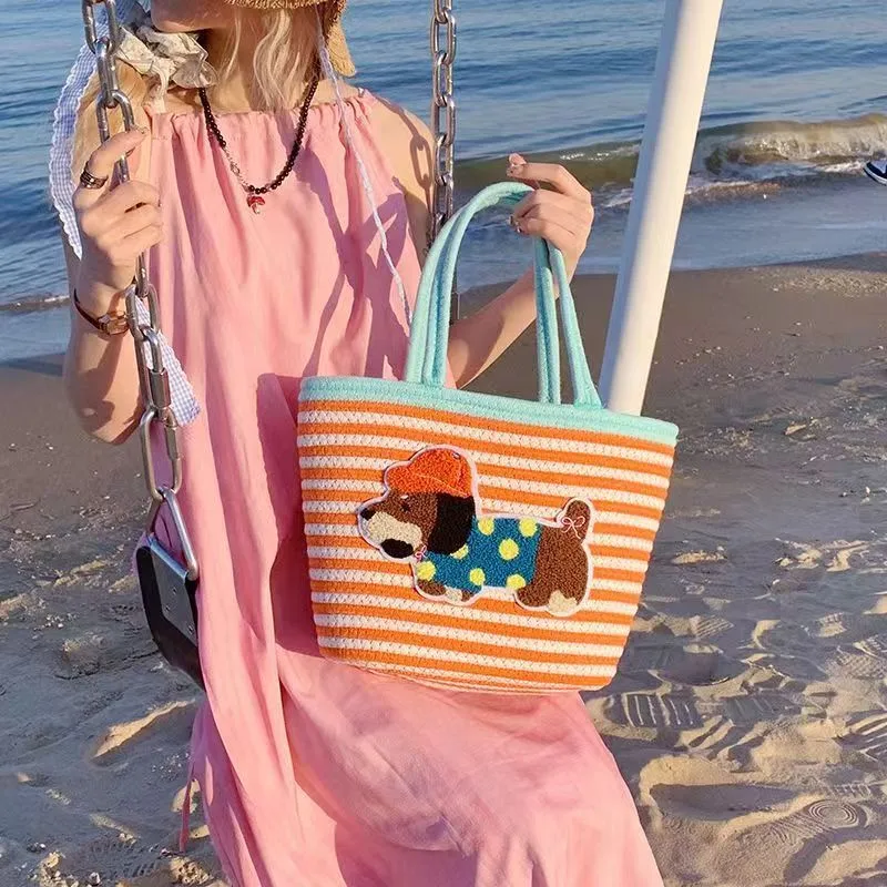 Large Capacity Cute Puppy Ladies Handbag Hand Woven Large Capacity Vegetable Basket Dachshund Dog Bag Wholesale display picture 2