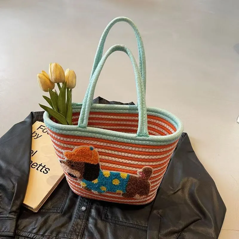 Large Capacity Cute Puppy Ladies Handbag Hand Woven Large Capacity Vegetable Basket Dachshund Dog Bag Wholesale display picture 5