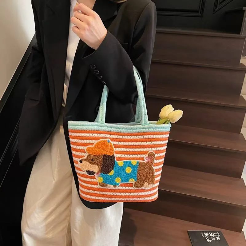 Large Capacity Cute Puppy Ladies Handbag Hand Woven Large Capacity Vegetable Basket Dachshund Dog Bag Wholesale display picture 9